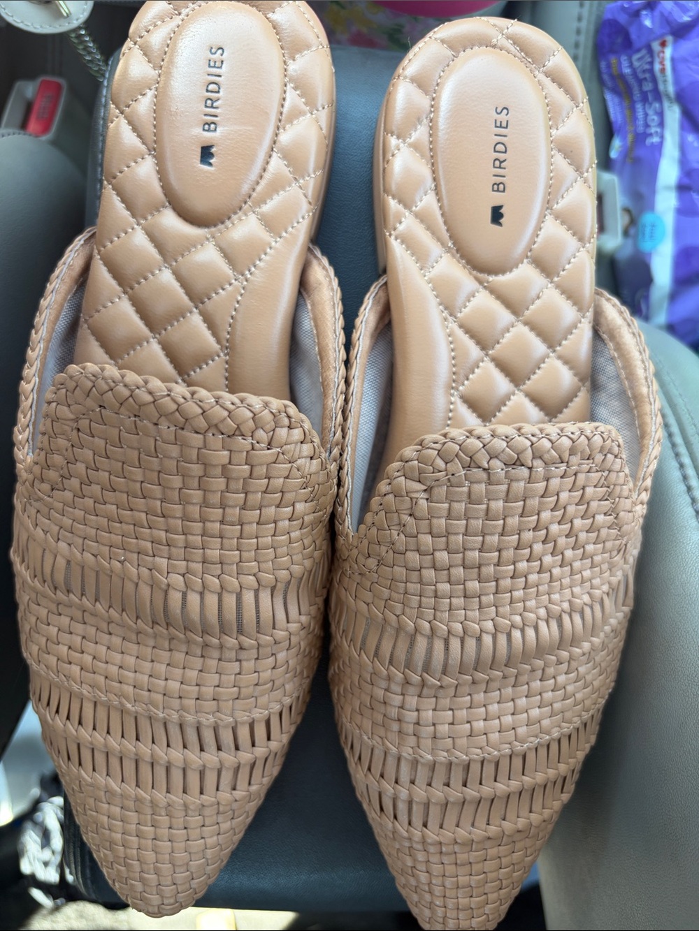 Birdies Woven Pointed Slip-On Mules in Tan